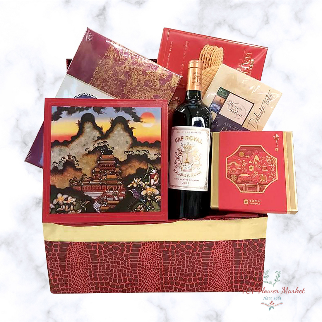 Mid Autumn Hamper 中秋節果籃A11-This hamper is packed with deluxe refreshments, including chocolate snacks, a bottle of wine, mooncakes from ShangriLa.-TST Flower Market