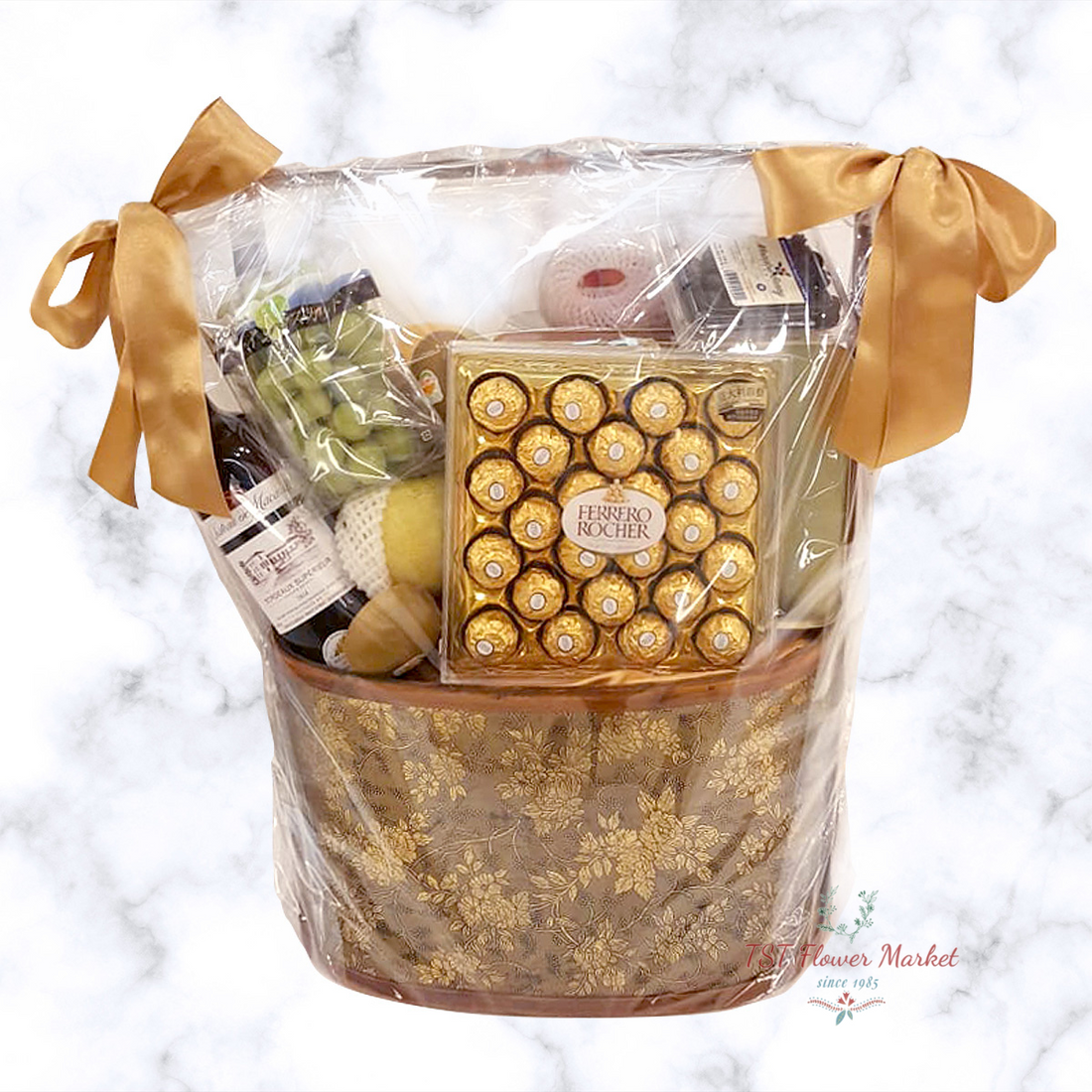 Mid Autumn Hamper 中秋節果籃A16-This hamper is packed with chocolate snack, a bottle of wine, and some different kinds of fruits.-TST Flower Market