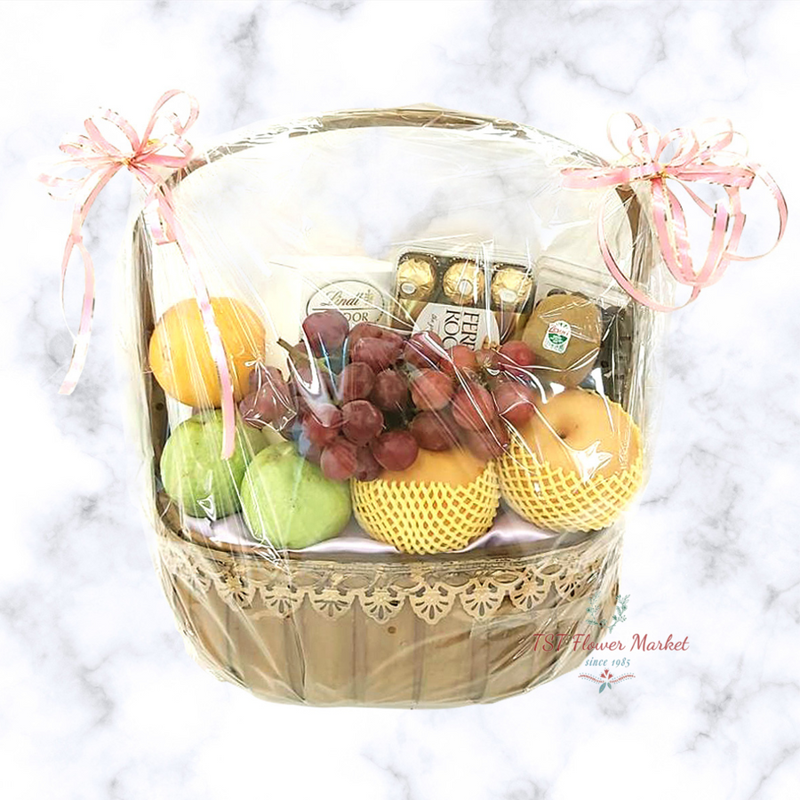 Mid Autumn Hamper 中秋節果籃A01-The hamper is packed with chocolate snacks and fresh fruits.-TST Flower Market
