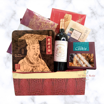 Mid Autumn Hamper 中秋節果籃A21-This hamper is packed with deluxe refreshments, including chocolate snacks, a bottle of wine, cookies, mooncakes from Kee Wah Bakery (奇華).-TST Flower Market